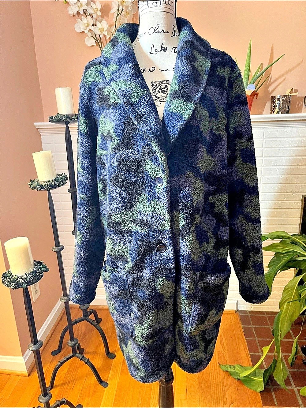 Camo Fleece Coat in Blue, Green & Black